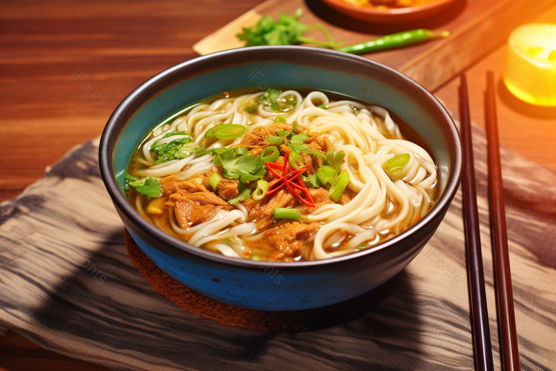 色香味俱全的米粉面条面食和筷子放在木制的桌子上,高清,摄影图,摄影图片,图片大全,摄影图免费下载